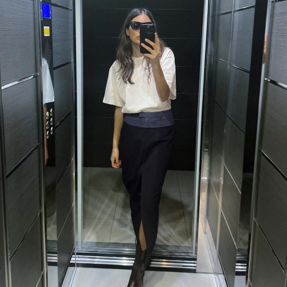 BNWT ZARA CONTRASTING WAIST PENCIL SKIRT NAVY BLUE XS